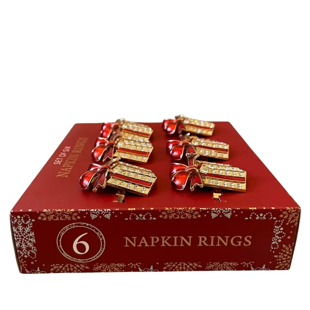 Envogue Rhinestone CHRISTMAS Present Napkin Rings Set of 6 Holiday Red Gold New